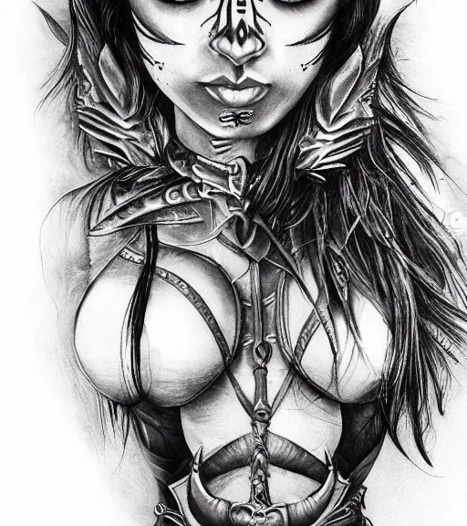 Image similar to tattoo design on white background of a hyper realistic beautiful girl warrior, hyper detailed, inspired by eliot kohek