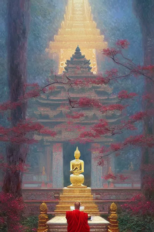 Image similar to temple, buddhism, impressionnisme, painting by greg rutkowski, artgerm, claude monet