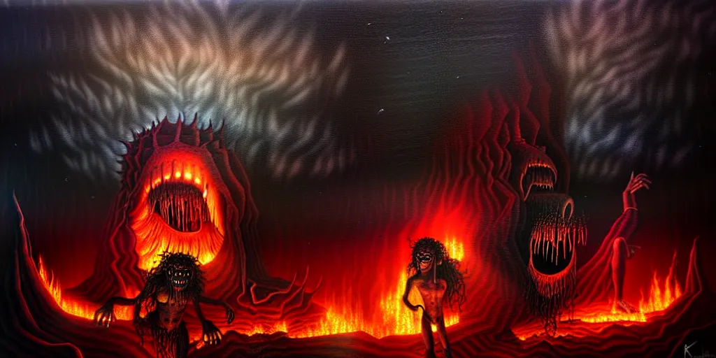 Image similar to repressed emotion creatures and monsters at the mouth of hell, dramatic lighting glow from giant fire, attempting to escape and start a revolution, in a dark surreal painting by ronny khalil