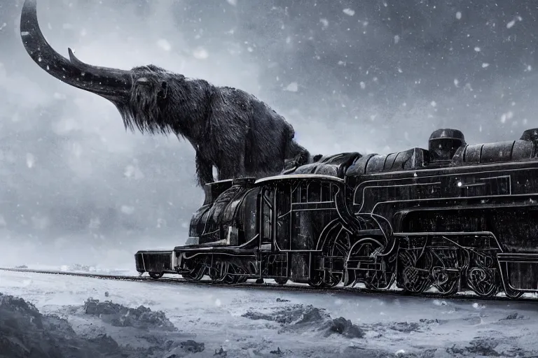 Image similar to a grand intricate futuristic black steam train next to a giant mammoth, post - apocalyptic ice landscape in snowstorm, concept art, artstation, highly detailed, digital art