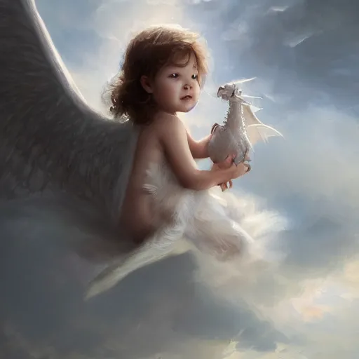 Image similar to a whimsical portrait of a little baby angel on a cute white dragon floating in the sky by Greg Rutkowski, ultra realistic, photorealistic 8k, cinematic lighting, HD, high detail, atmospheric, trending on artstation