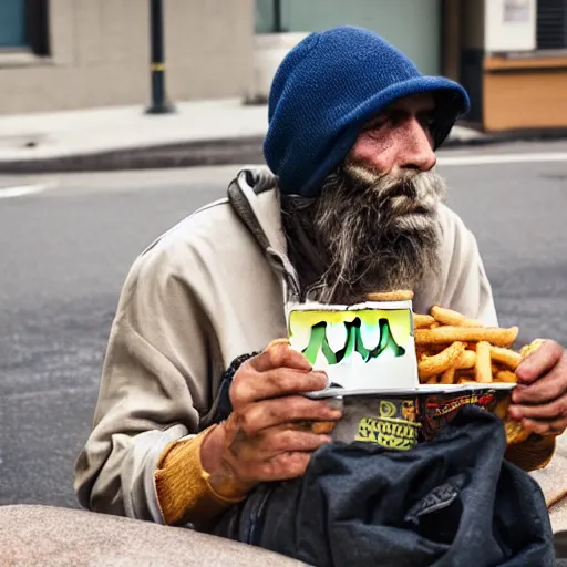 Image similar to Homeless person robbing a McDonald's, professional photography, 4K