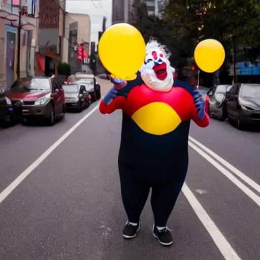 Prompt: disturbing fat clown holding a balloon in the middle of the street at night