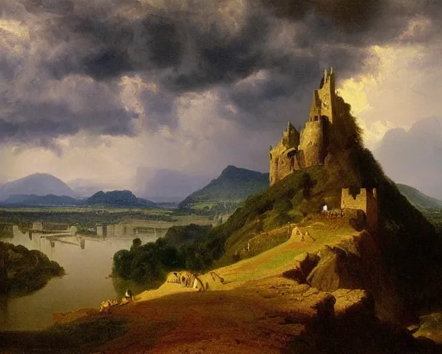 Prompt: “A landscape painting of Castle Drachenfels on cliffs overlooking the Rhine river. Dramatic lighting, stormclouds. By Albert Bierstadt and Asher Brown Durand.”