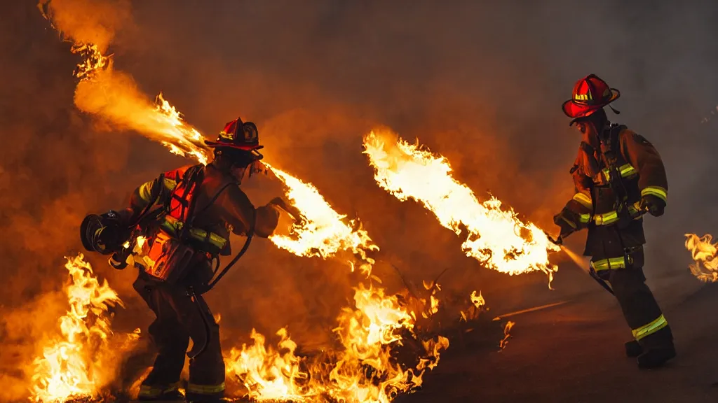 Image similar to photo of a firefighter using a flamethrower projecting a long flame