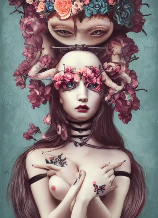 Image similar to pop surrealism, lowbrow art, realistic seductive cute woman painting, body harness, japanese shibari with flowers, hyper realism, muted colours, rococo, natalie shau, loreta lux, tom bagshaw, mark ryden, trevor brown style,