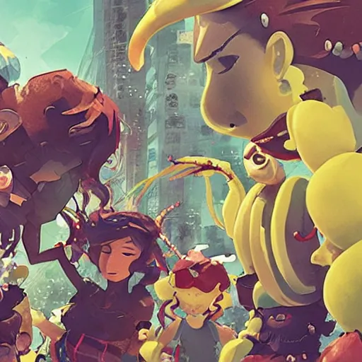 Image similar to poster for the animation called the banana spline gang, 8 k, hd, dustin nguyen, akihiko yoshida, greg tocchini, greg rutkowski, cliff chiang