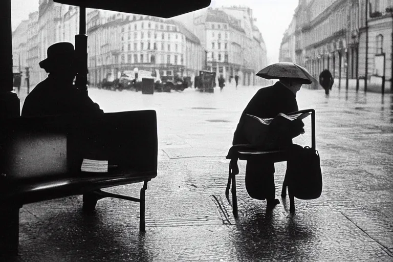 Prompt: a photograph of a dog in a business suit sat at the bus stop reading the newspaper, on a french parisian street in the morning on a rainy day, by henri cartier bresson, cinematic, beautiful lighting, leica