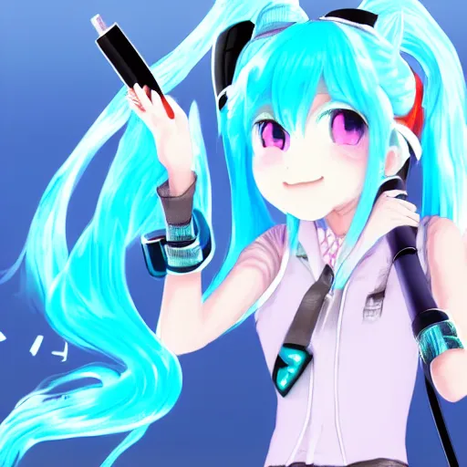 Image similar to hatsune miku smoking a vape pen in her right hand | smoke coming out of her mouth, artstation, 4 k