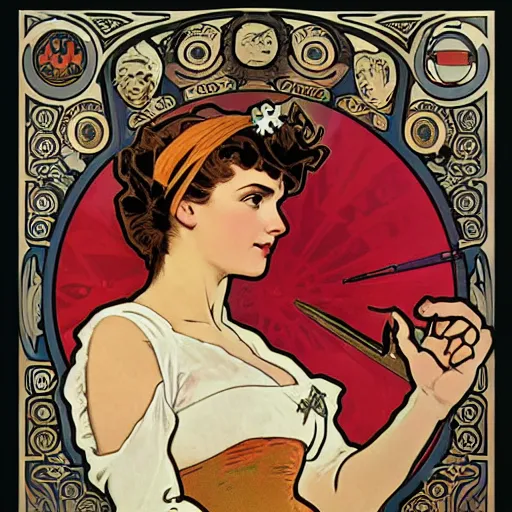 Image similar to a portrait of Rosie the riveter by Alphonse Mucha, intricate details, art nouveau card, 8k