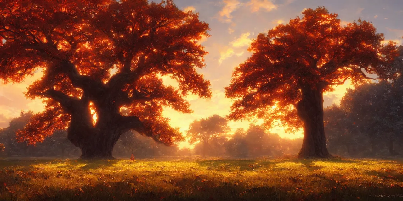 Prompt: a beautiful, stunning landscape with a giant oak tree in the fall during sunset by makoto shinkai and craig mullins