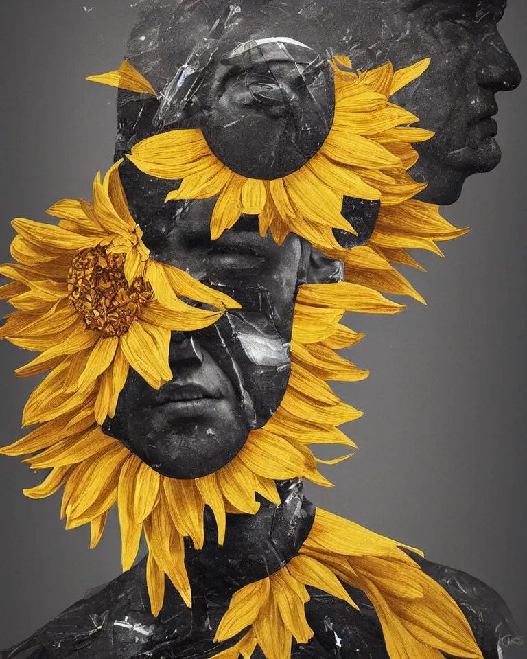 Image similar to symmetrical painting of a fractured obsidian greek statue of a topaz sunflowers fixed with kintsugi, rendered in octane trending on cgsociety. extremely detailed and intricate art