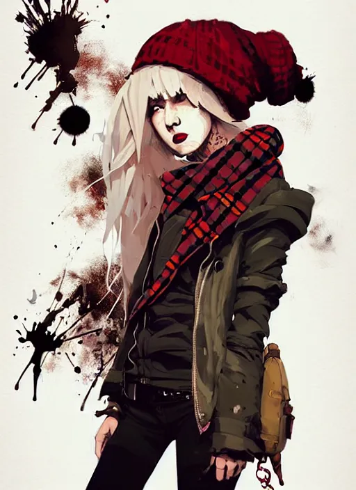 Image similar to highly detailed portrait of a sewer punk lady student, beanie, tartan scarf, wavy blonde hair by atey ghailan, by greg rutkowski, by greg tocchini, by james gilleard, by joe fenton, by kaethe butcher, gradient red, black, brown and cream color scheme, grunge aesthetic!!! white graffiti tag wall background