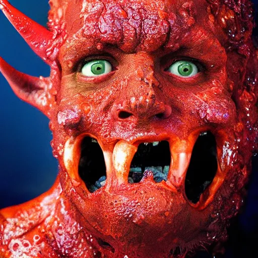 Image similar to a devilish red monster with horns licking hot lava emerging from boiling rough fiery lava seas, close - up portrait photo by david lachapelle, masterpiece, trending on flickr