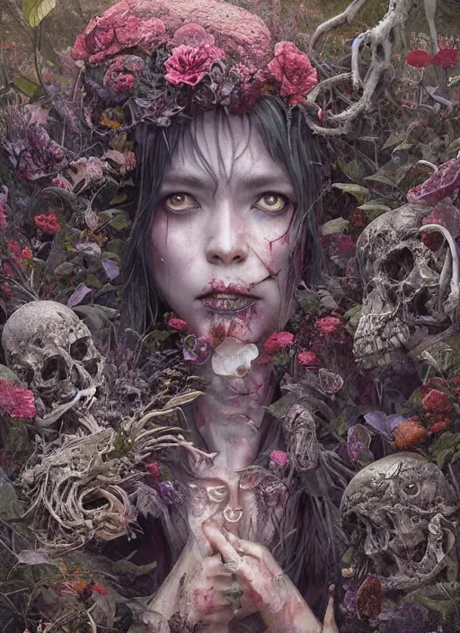 Image similar to Alice fails to get to the special garden,highly detailed,half skull face,cinematic,8k,by Stanley Artgermm,Tom Bagshaw,Greg Rutkowski,Carne Griffiths, Ayami Kojima, Beksinski, Giger,trending on DeviantArt,hyper detailed,horror, full of colour