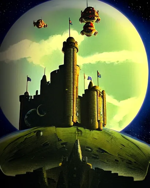 Image similar to a castle in outer space in the style of chris foss and rodger dean