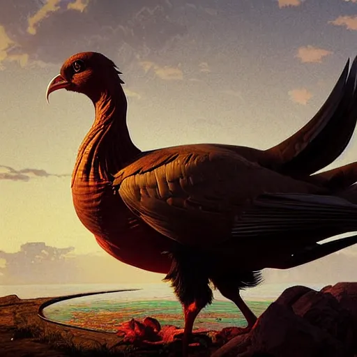 Prompt: selfie of an elegant turkey, front angle, stunning 3 d render inspired art by greg rutkowski and xiang duan and thomas eakes, illustration by norman rockwell and leyendecker, realistic, highly detailed attributes and atmosphere, dim volumetric cinematic lighting, 8 k octane detailed render, post - processing, masterpiece, vignette, soft focus, vibrant colors