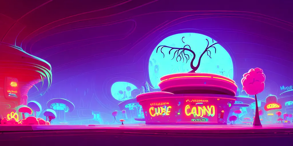 Prompt: minimalistic extreme wide angle curved perspective digital art of sss chubby cotton candy indoor casino with curly plants by anton fadeev from nightmare before christmas