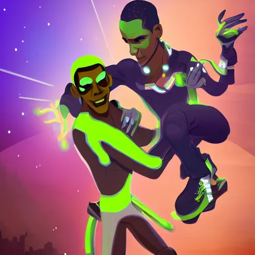 Image similar to lucio from overwatch and barack obama dancing, detailed, high quality, artstation winner