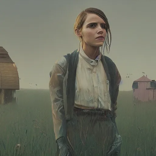 Image similar to a farm of human heads that look like Emma Watson, Simon Stalenhag, beeple, Wadim Kashin, 4K, cinematic