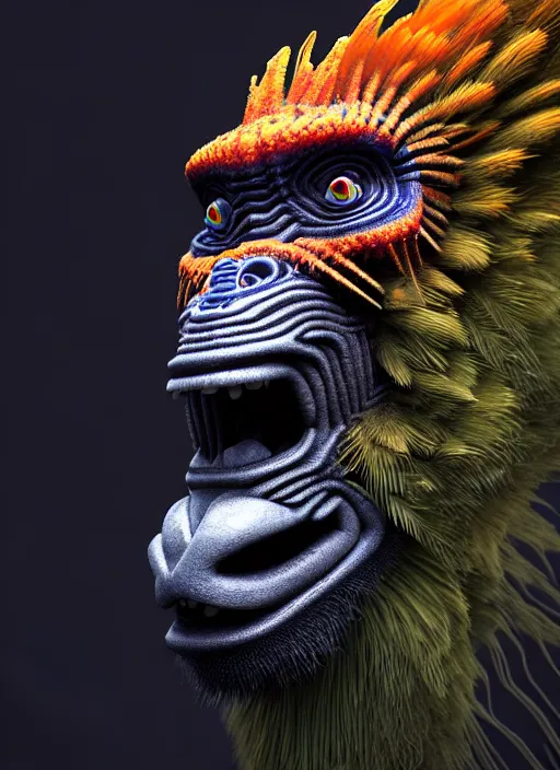 Image similar to 3 d ape shaman profile portrait, sigma 5 0 0 mm f / 5. beautiful intricate highly detailed quetzalcoatl head and feathers. bioluminescent, plasma, lava, ice, water, wind, creature, thunderstorm! artwork by tooth wu and wlop and beeple and greg rutkowski, 8 k trending on artstation,