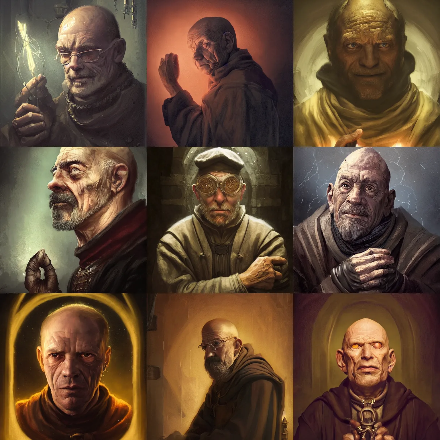 Prompt: portrait of an old, medieval alchemist in the dark, he is looking into the distance thoughtfully!!. close up, hands near the face, studio lighting bright ambient lighting key light, fantasy, detailed, photorealistic portrait by michael komarck, greg rutkowski, victo ngai, artgerm and j. dickenson