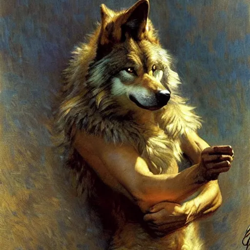 Image similar to a portrait of a furry wolf wearing clothes, hairy, furry body, furry arms, feet, tail. highly detailed painting by gaston bussiere, craig mullins, j. c. leyendecker, furry