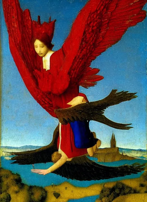 Image similar to Flying Fallen Angel with wings dressed in red, Medieval painting by Jan van Eyck, Johannes Vermeer, Florence