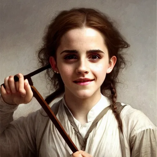 Image similar to Painting of Emma Watson as Hermione Granger. Young. Smiling. Happy. Cheerful. Prisoner of Azkaban. Art by william adolphe bouguereau. Very very very very very very very very very very very very much detailed. Beautiful. 4K. Award winning.