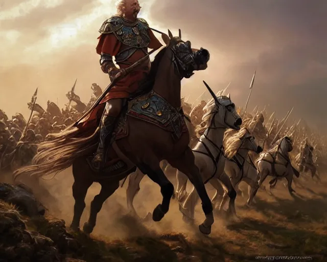 Image similar to king theoden charging the battlefield on horseback with an army of horses behind him, deep focus, d & d, fantasy, intricate, elegant, highly detailed, digital painting, artstation, concept art, matte, sharp focus, illustration, hearthstone, art by artgerm and greg rutkowski and alphonse mucha