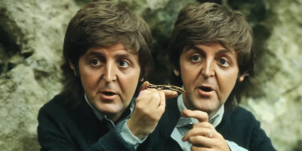 Image similar to A full color still of 30 year old Paul McCartney holding a small ring, dressed as a hobbit inside his house at night with firelight, directed by Stanley Kubrick, 35mm, 1970