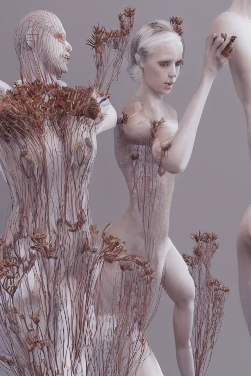 Image similar to ultra realistic 3 d render of porcelain women infected with cordyceps fungus, mushrooms, floral, beautiful, elegant