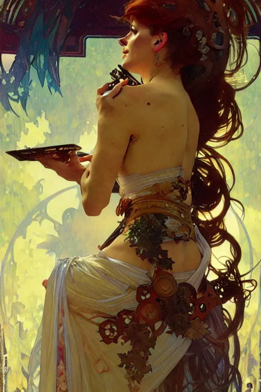 Image similar to A goddess playing video game, fantasy, painting by greg rutkowski and alphonse mucha