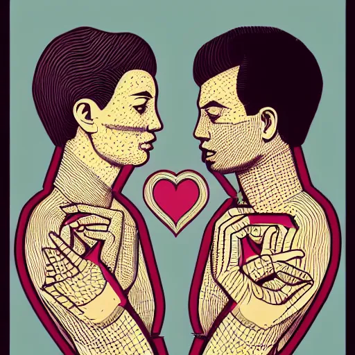 Image similar to perfectly centered geometrical symmetrical split male and female portrait of man and woman in love sharing one heart. illustration, highly detailed, simple, no jagged lines, smooth, artstation, artwork by ravi zupa