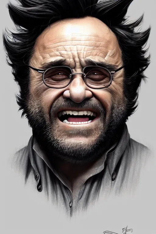 Image similar to danny devito as wolverine, realistic portrait, symmetrical, highly detailed, digital painting, artstation, concept art, smooth, sharp focus, illustration, cinematic lighting, art by artgerm and greg rutkowski and alphonse mucha