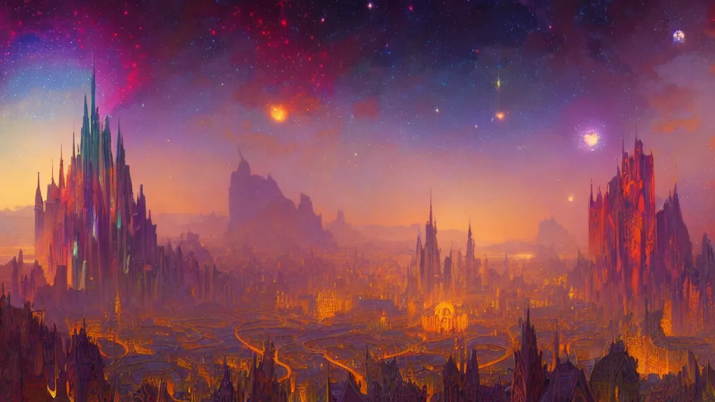 Image similar to a beautiful highly detailed matte painting of colorful castle nebulas by moebius, alphonse mucha, stars in the background, highly detailed, intricate design, cinematic view, 8 k resolution, octane render, trending on artstation and cgsociety