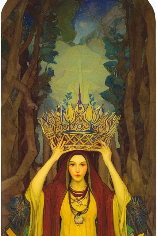 Image similar to lady of the forest with her crown and lantern, by Nicholas Roerich and Annie Swynnerton and Frederick Sandys, dramatic cinematic lighting , ornate headdress , flowing robes, sacred artifacts, lost civilizations, smooth, sharp focus, extremely detailed