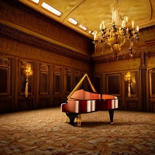 Prompt: interior of a beautiful an mid century british mansion hall, fully furnished, soft lighting, close up of an elegant victorian lady playing a grand piano at the hall. ultra realistic, ultra detailed, cinematic composition and lighting