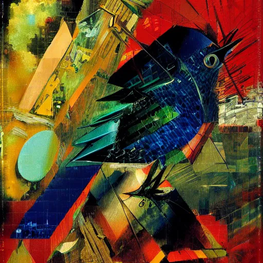 Prompt: the progressive rasterization of a bird, from a mechanical one into a pixel one, golden - blue oil on canvas by dave mckean and yoji shinkawa and roberto matta