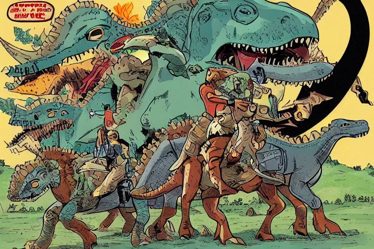 Prompt: cowboys riding dinosaurs fighting against mecha goblins, comic, lazers, action