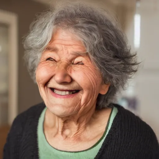 Image similar to an old woman smiling. she has a thin transparent oxygen tubing under her nose