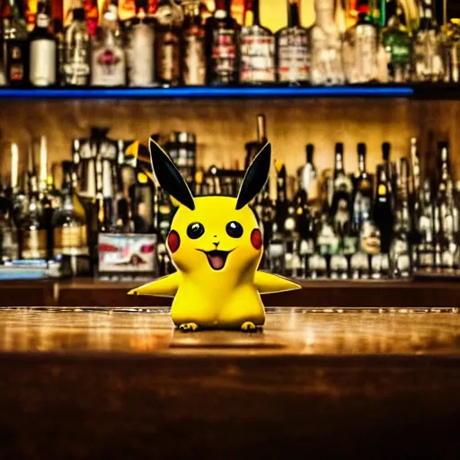 Image similar to pikachu sitting at the bar top of an Irish pub drinking beer