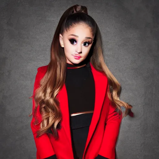 Prompt: ariana grande as an vampire with a red coat and pointy ears 4 k