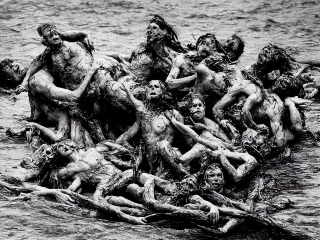 Image similar to the raft of the medusa as a body horror film, fleshy, Cronenberg, Rick Baker, dramatic film still, daylight, photo real, extremely detailed, wet, slimy, wide angle, 28mm, Eastman EXR 50D 5245/7245