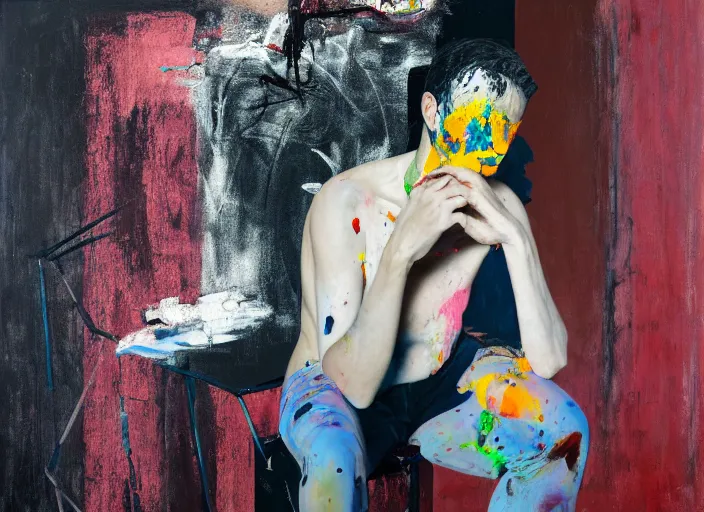 Prompt: portrait of a young painter with creative block sitting on a stool painted by vincent lefevre and hernan bas and pat steir and andreas gursky and hilma af klint and danny fox, psychological, photorealistic, symmetrical face, dripping paint, washy brush, rendered in octane, altermodern, masterpiece