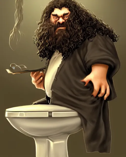 Image similar to Hagrid sitting on the toilet fantasy, intricate, elegant, highly detailed, digital painting, artstation, concept art, matte, sharp focus, illustration, masterpiece, stunning, artstation