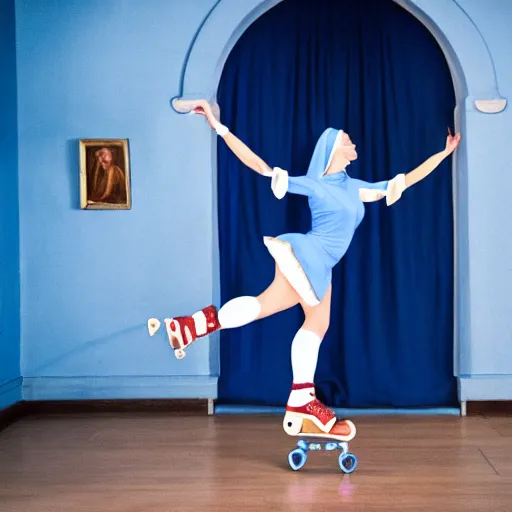 Image similar to blonde nun in blue clothes on roller skates, body shot, in the style of michaelangelo