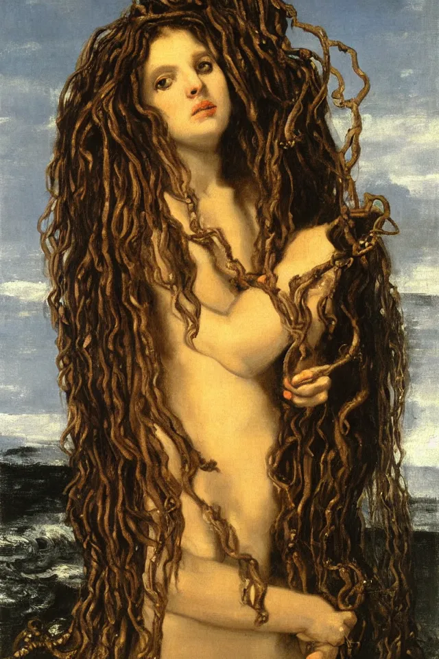 Prompt: romantic portrait painting of medusa, staring at the viewer, her golden eyes furious and the snakes in her hairs swirling furiously, by Gustave Courbet,