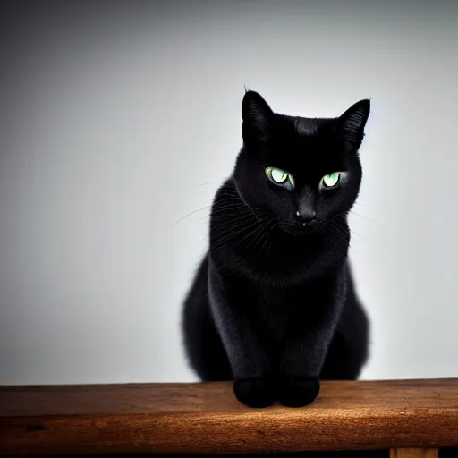 Image similar to national geographic photograph of a green eyed black cat sitting in a white room