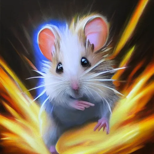 Image similar to hamster going super saiyan, oil painting